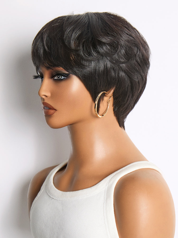 Throw On & Go Natural Black Pixie Cut with Bangs Glueless Minimalist Lace Wig