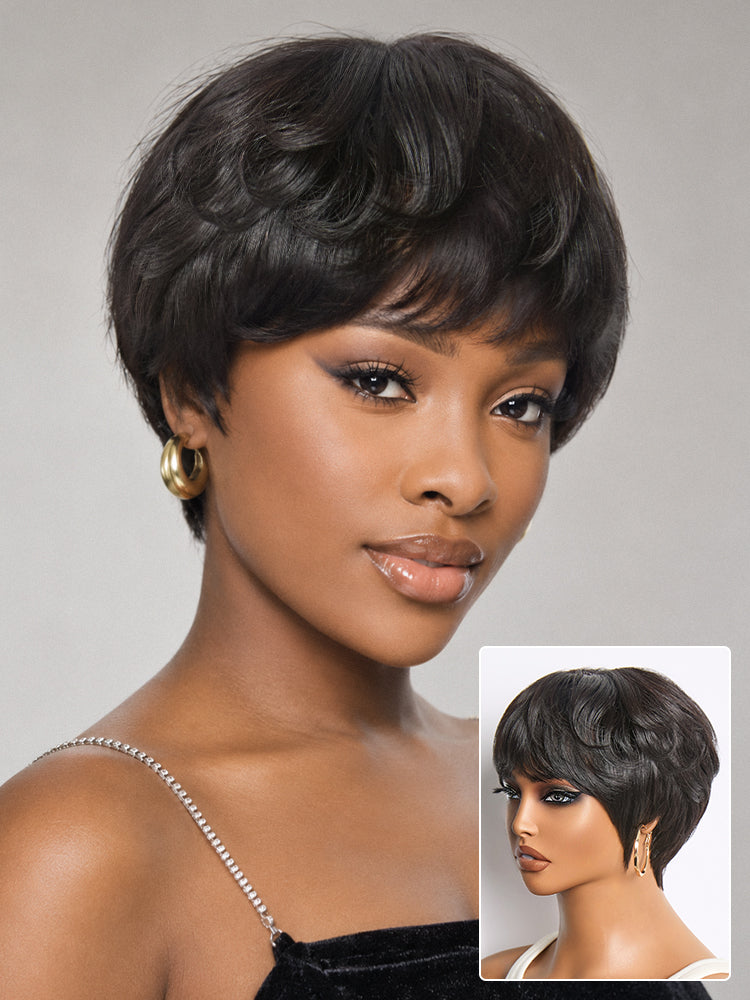 Throw On & Go Natural Black Pixie Cut with Bangs Glueless Minimalist Lace Wig