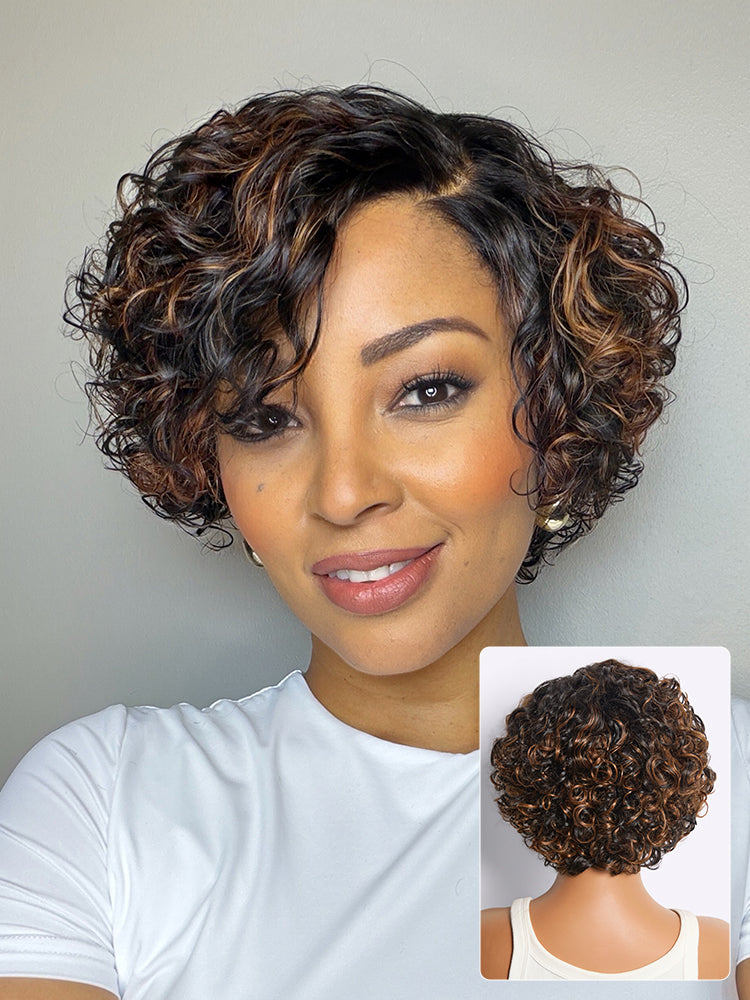 Brown Highlight Water Wave Pixie Cut Glueless Minimalist HD Lace Short Curly Wig