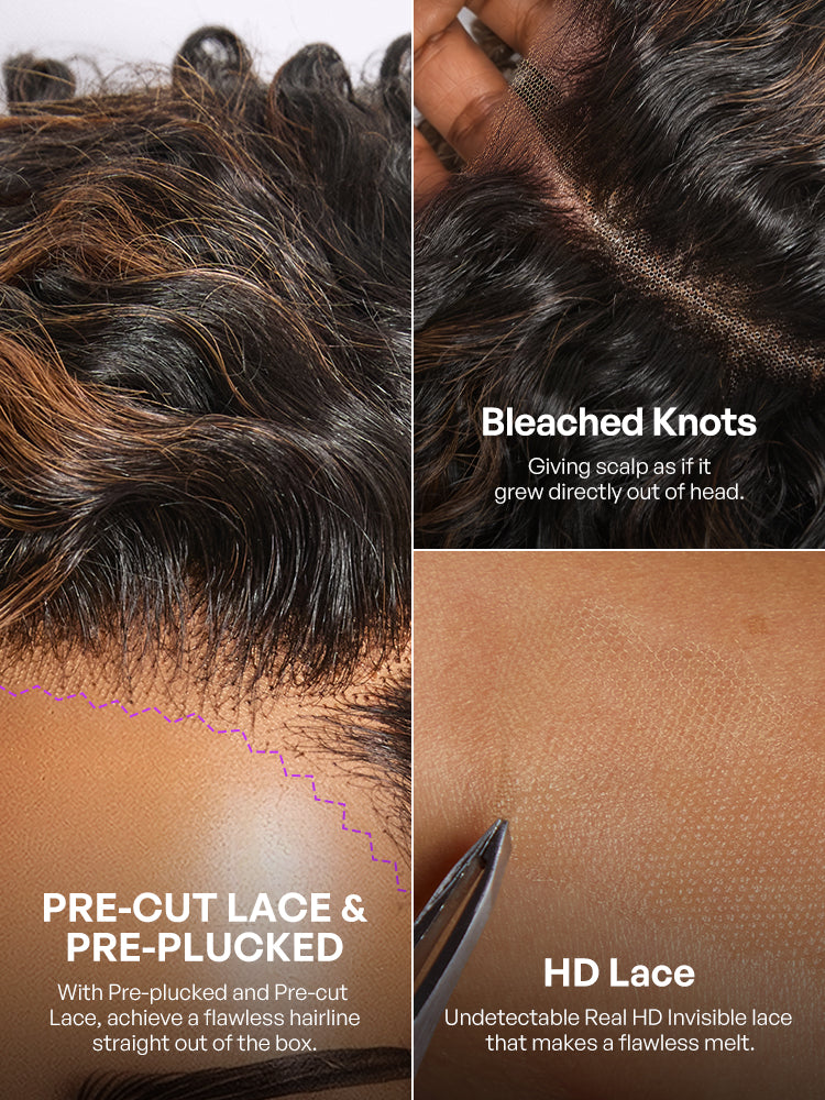 Brown Highlight Water Wave Pixie Cut Glueless Minimalist HD Lace Short Curly Wig