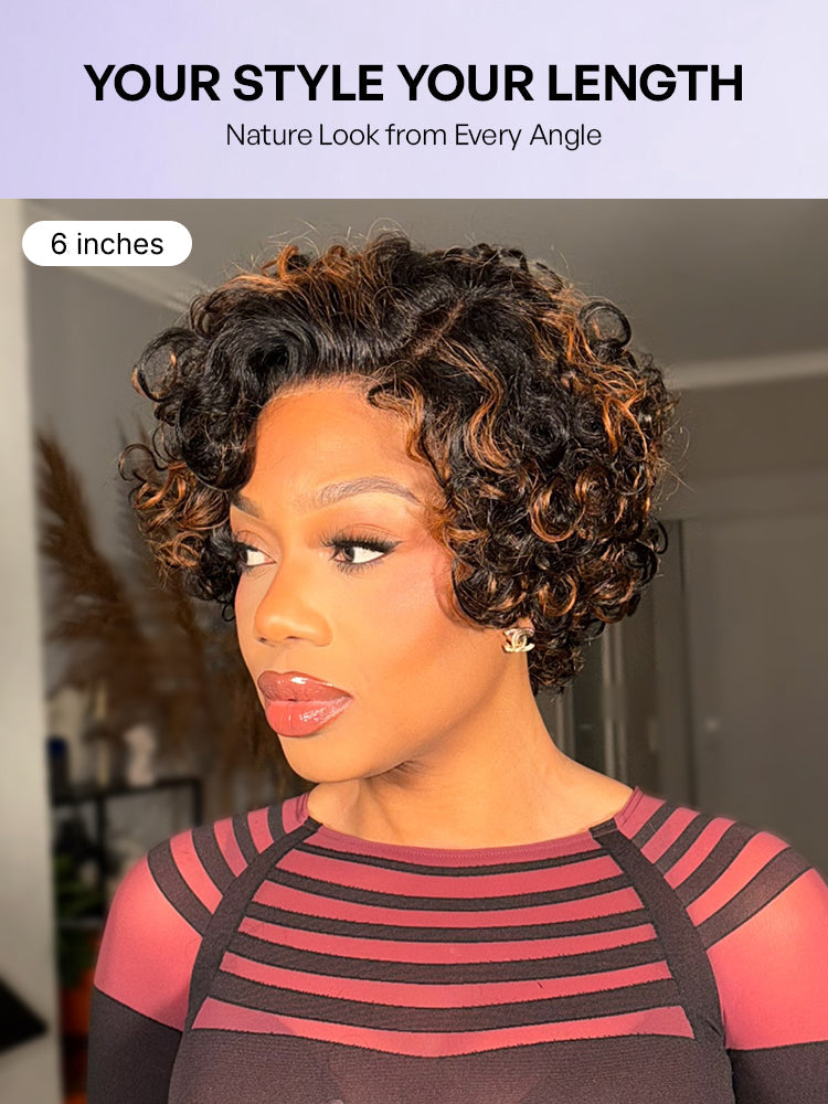 Brown Highlight Water Wave Pixie Cut Glueless Minimalist HD Lace Short Curly Wig