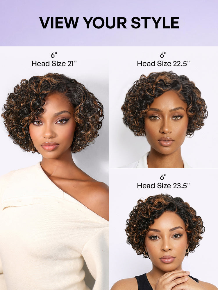 Brown Highlight Water Wave Pixie Cut Glueless Minimalist HD Lace Short Curly Wig