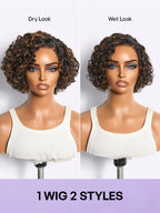 Brown Highlight Water Wave Pixie Cut Glueless Minimalist HD Lace Short Curly Wig