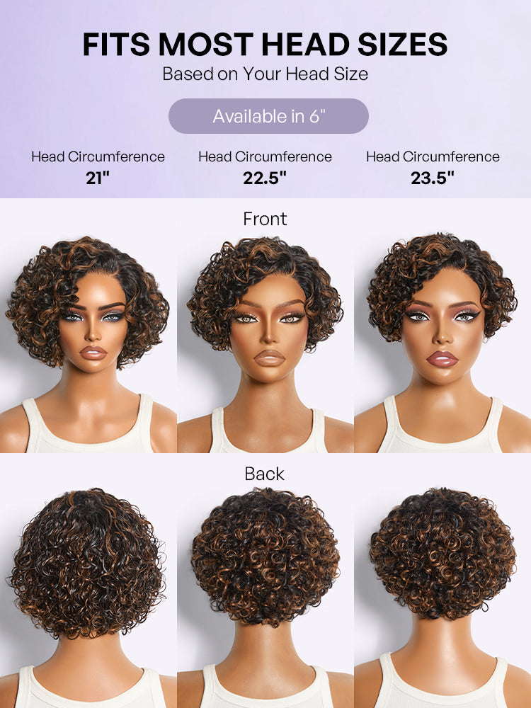 Brown Highlight Water Wave Pixie Cut Glueless Minimalist HD Lace Short Curly Wig