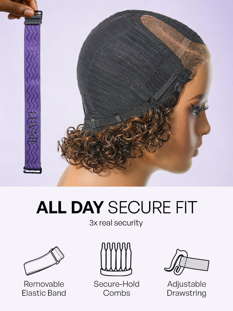 Brown Highlight Water Wave Pixie Cut Glueless Minimalist HD Lace Short Curly Wig