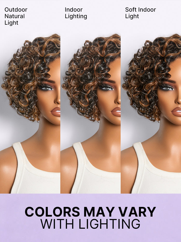 Brown Highlight Water Wave Pixie Cut Glueless Minimalist HD Lace Short Curly Wig