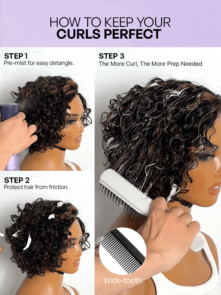 Brown Highlight Water Wave Pixie Cut Glueless Minimalist HD Lace Short Curly Wig
