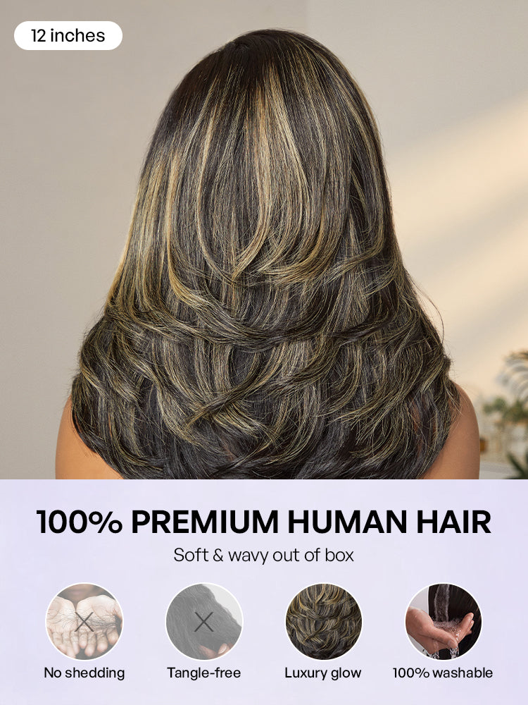 Honey Blonde Highlight Layered Cut Glueless Wig Minimalist HD Lace Human Hair Wig
