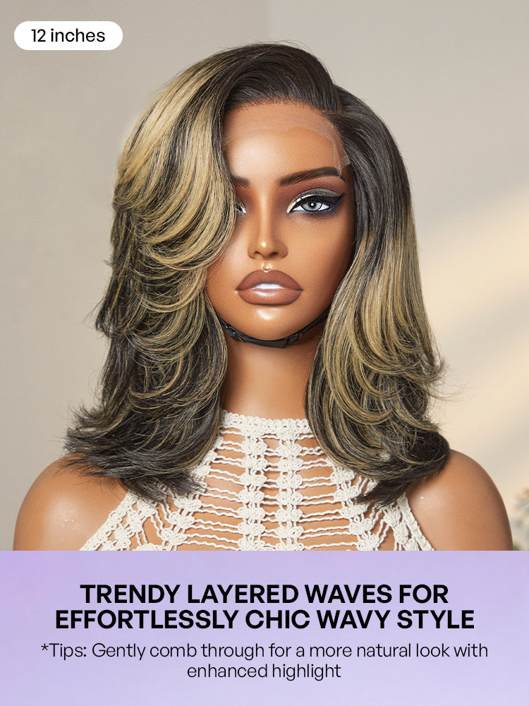Honey Blonde Highlight Layered Cut Glueless Wig Minimalist HD Lace Human Hair Wig