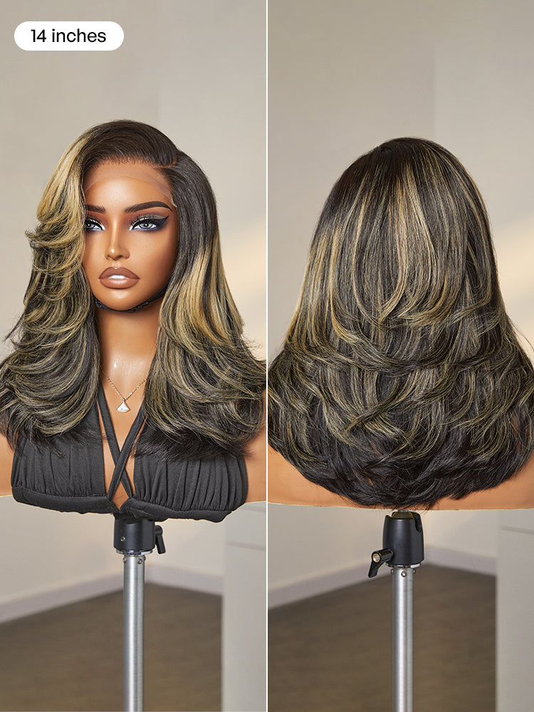 Honey Blonde Highlight Layered Cut Glueless Wig Minimalist HD Lace Human Hair Wig