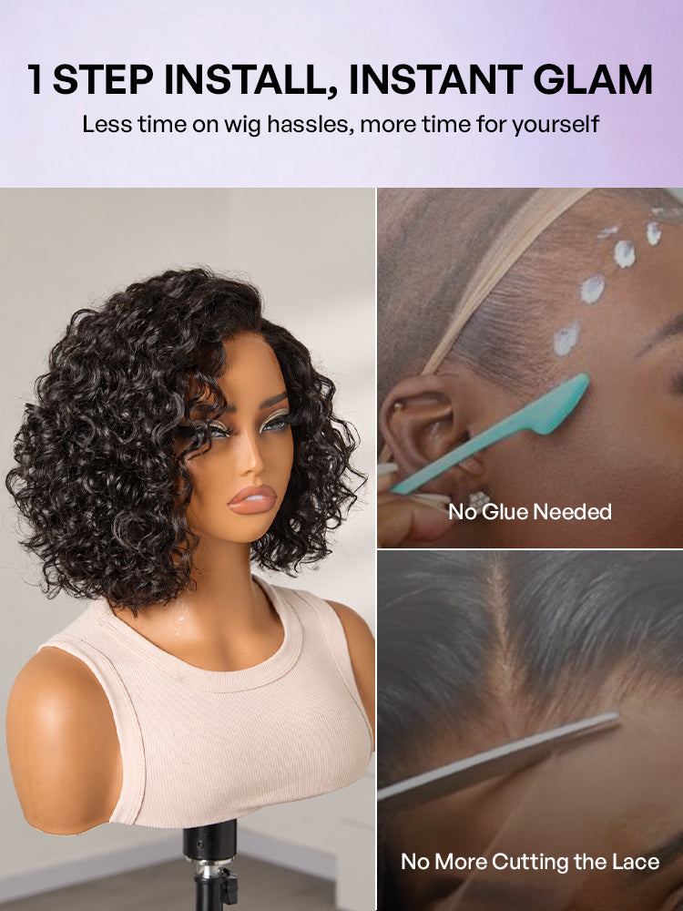 Ready to Go Water Wave Short Curly Bob Wig Glueless Minimalist HD Lace Wig Pre-Cut Lace