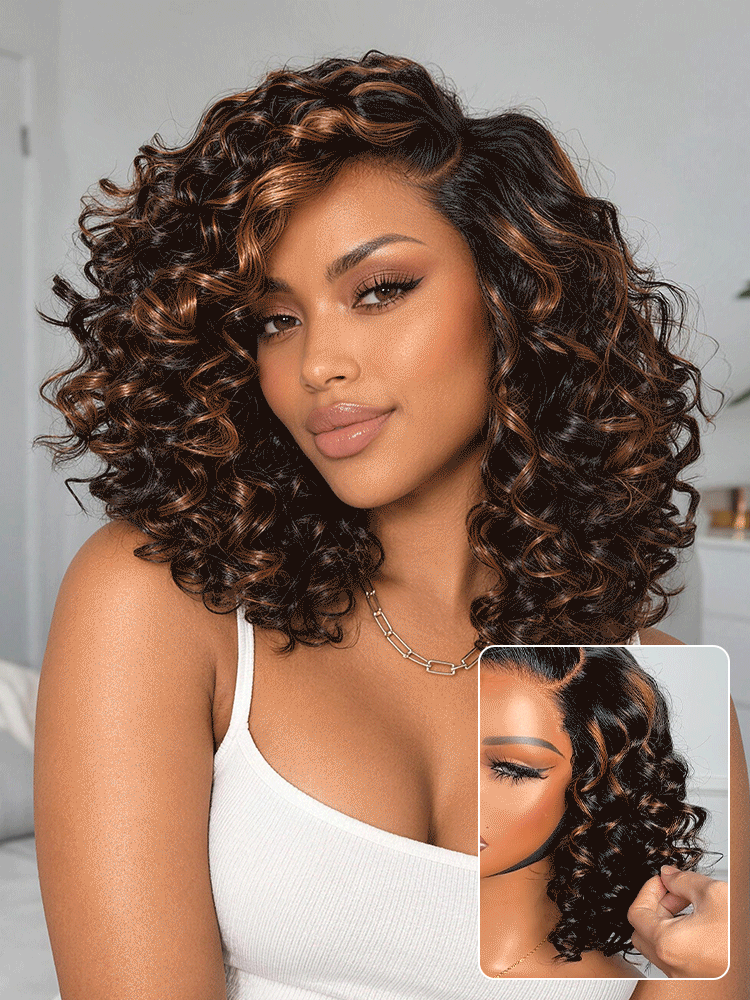 Effortless Elegance Copper Highlight / Natural Black Bouncy Curl Wig Minimalist HD Lace Glueless Wig Pre-Cut Lace