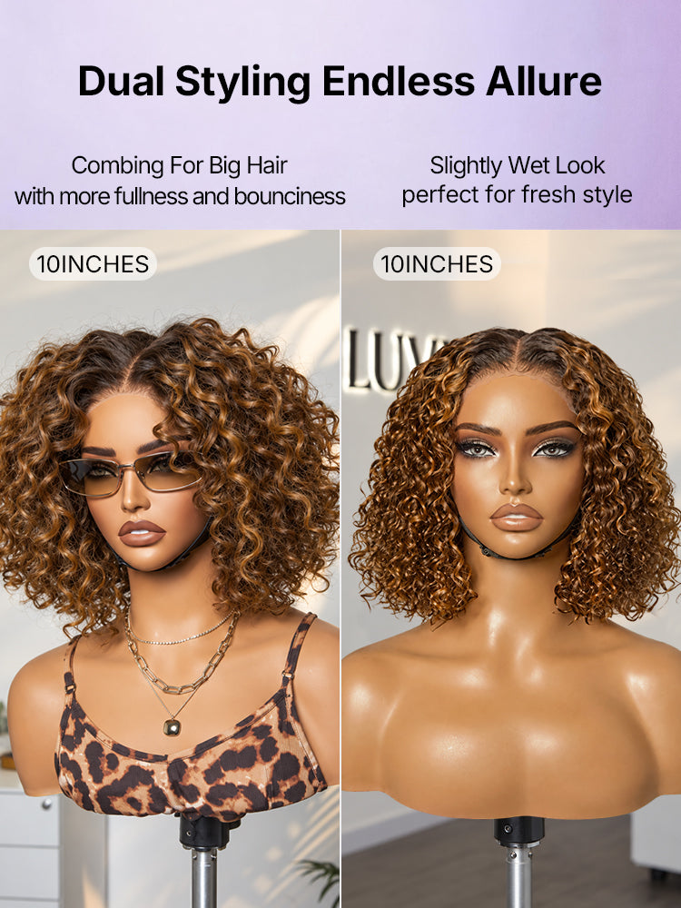 Warm Caramel Brown / Natural Black Deep Curly Glueless 5x5 Closure Pre-Cut Lace Wig