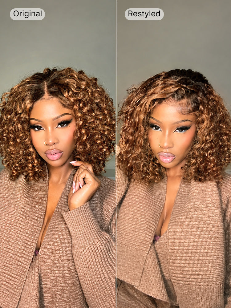 Warm Caramel Brown / Natural Black Deep Curly Glueless 5x5 Closure Pre-Cut Lace Wig