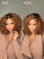 Warm Caramel Brown / Natural Black Deep Curly Glueless 5x5 Closure Pre-Cut Lace Wig