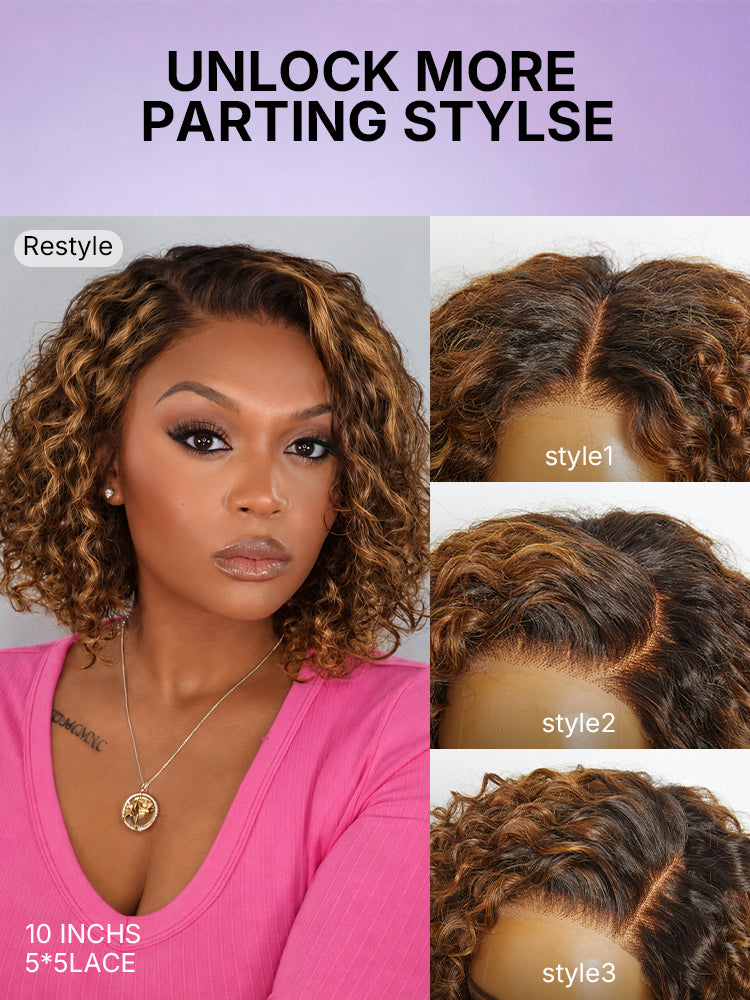 Warm Caramel Brown / Natural Black Deep Curly Glueless 5x5 Closure Pre-Cut Lace Wig