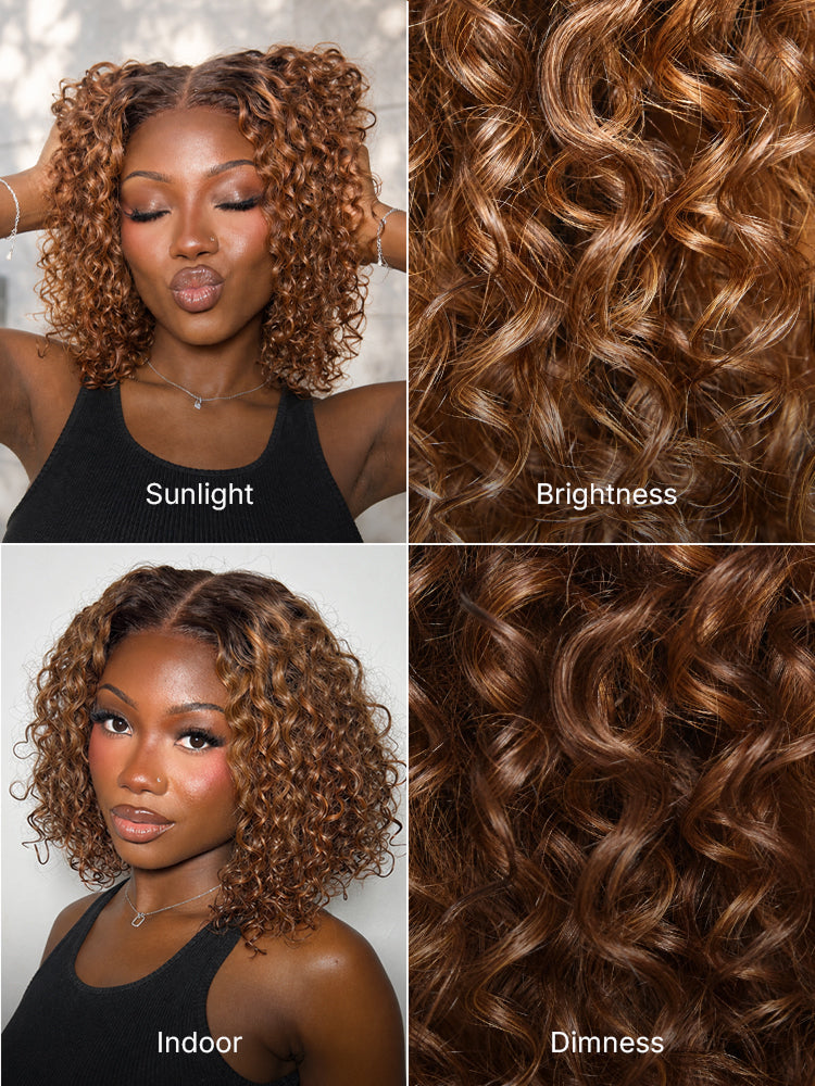Warm Caramel Brown / Natural Black Deep Curly Glueless 5x5 Closure Pre-Cut Lace Wig
