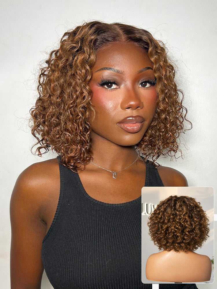Warm Caramel Brown / Natural Black Deep Curly Glueless 5x5 Closure Pre-Cut Lace Wig