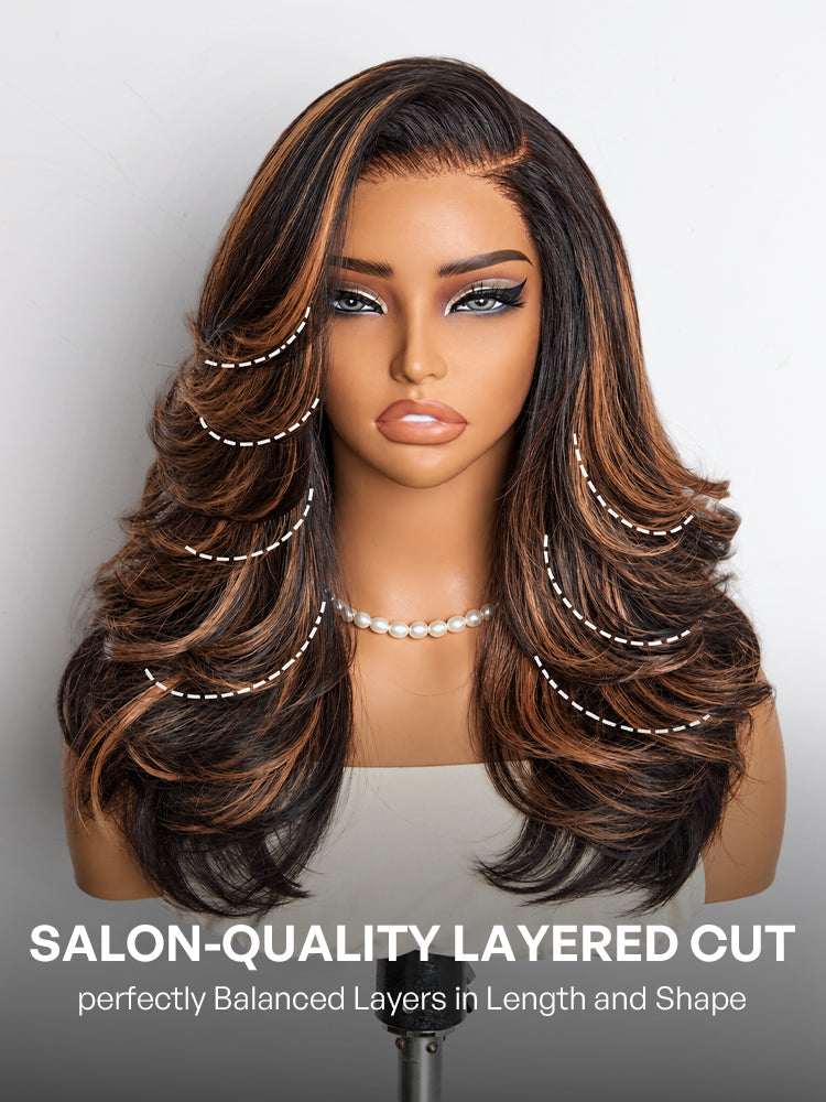 Brown Highlight Layered Wavy Butterfly Haircut Glueless Minimalist HD Lace Wig Pre-Cut Lace