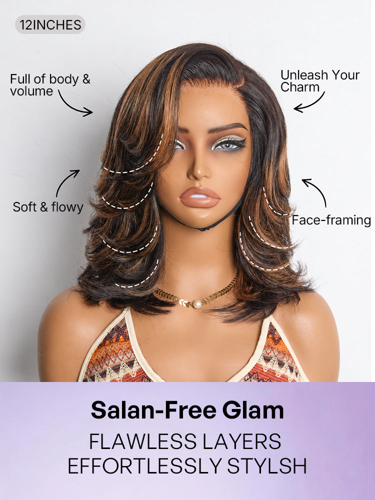 Brown Highlight Layered Wavy Butterfly Haircut Glueless Minimalist HD Lace Wig Pre-Cut Lace