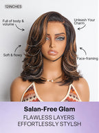 Brown Highlight Layered Wavy Butterfly Haircut Glueless Minimalist HD Lace Wig Pre-Cut Lace