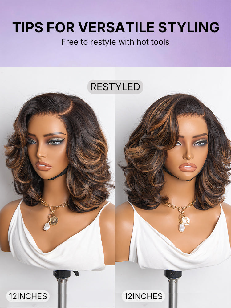 Brown Highlight Layered Wavy Butterfly Haircut Glueless Minimalist HD Lace Wig Pre-Cut Lace