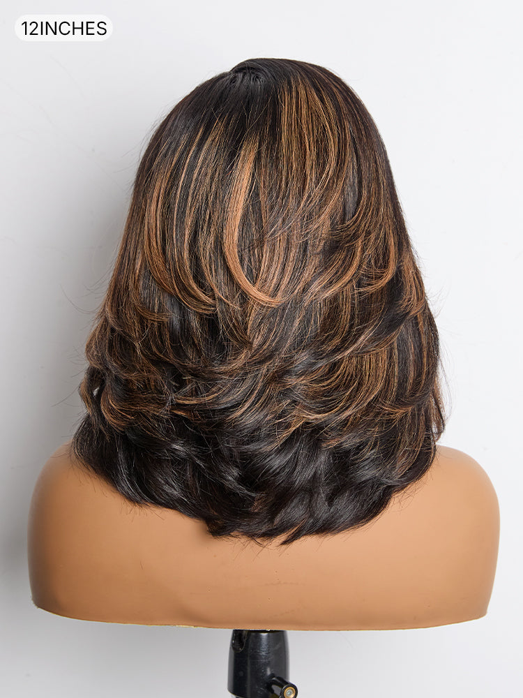 Brown Highlight Layered Wavy Butterfly Haircut Glueless Minimalist HD Lace Wig Pre-Cut Lace