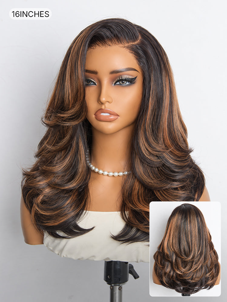 Brown Highlight Layered Wavy Butterfly Haircut Glueless Minimalist HD Lace Wig Pre-Cut Lace